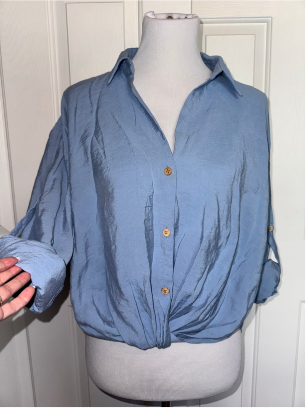 Zara Blue Twist Front Button Up Blouse Coastal Business Casual Size Small